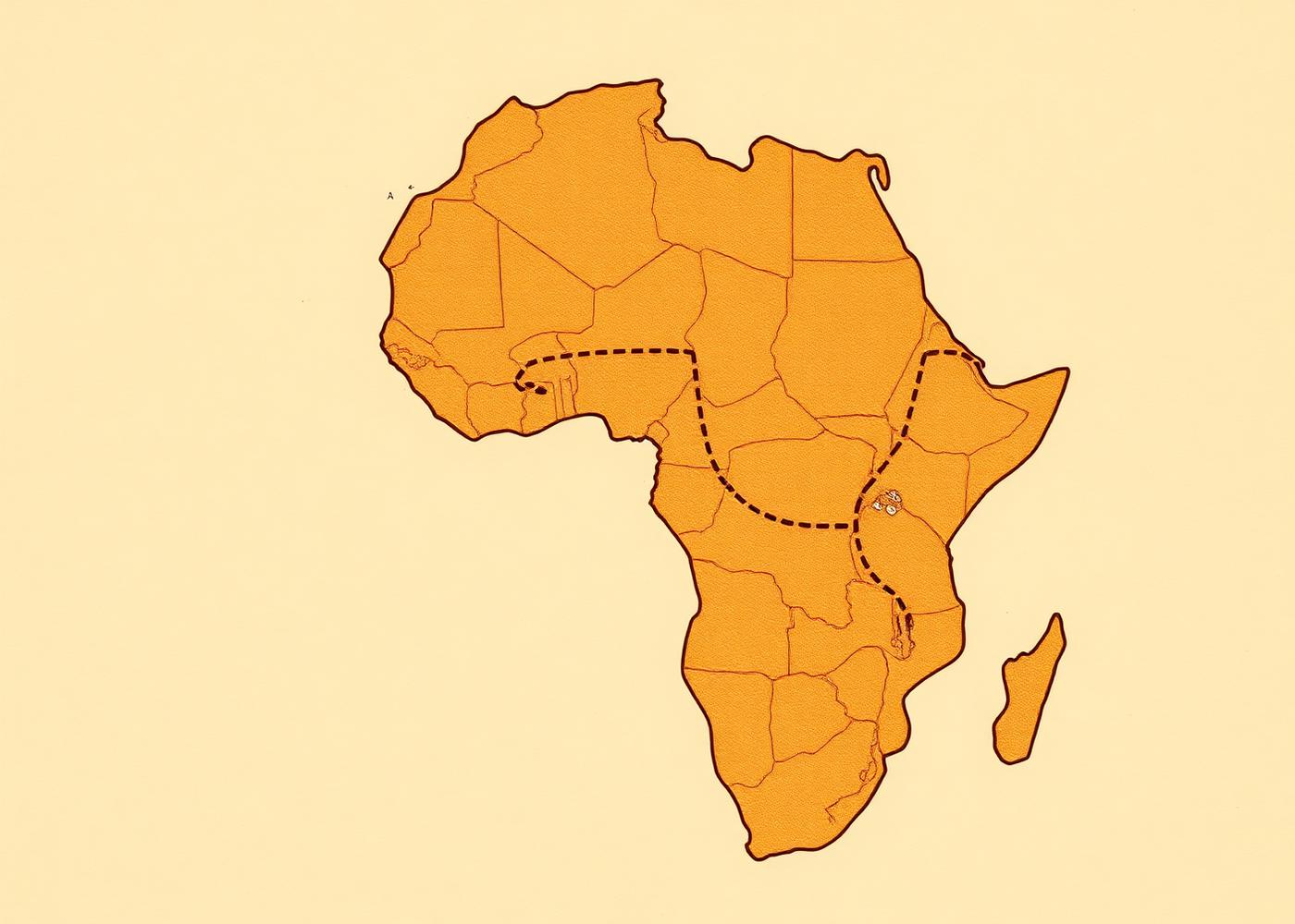 Illustrated map of Africa with a dotted travel route line